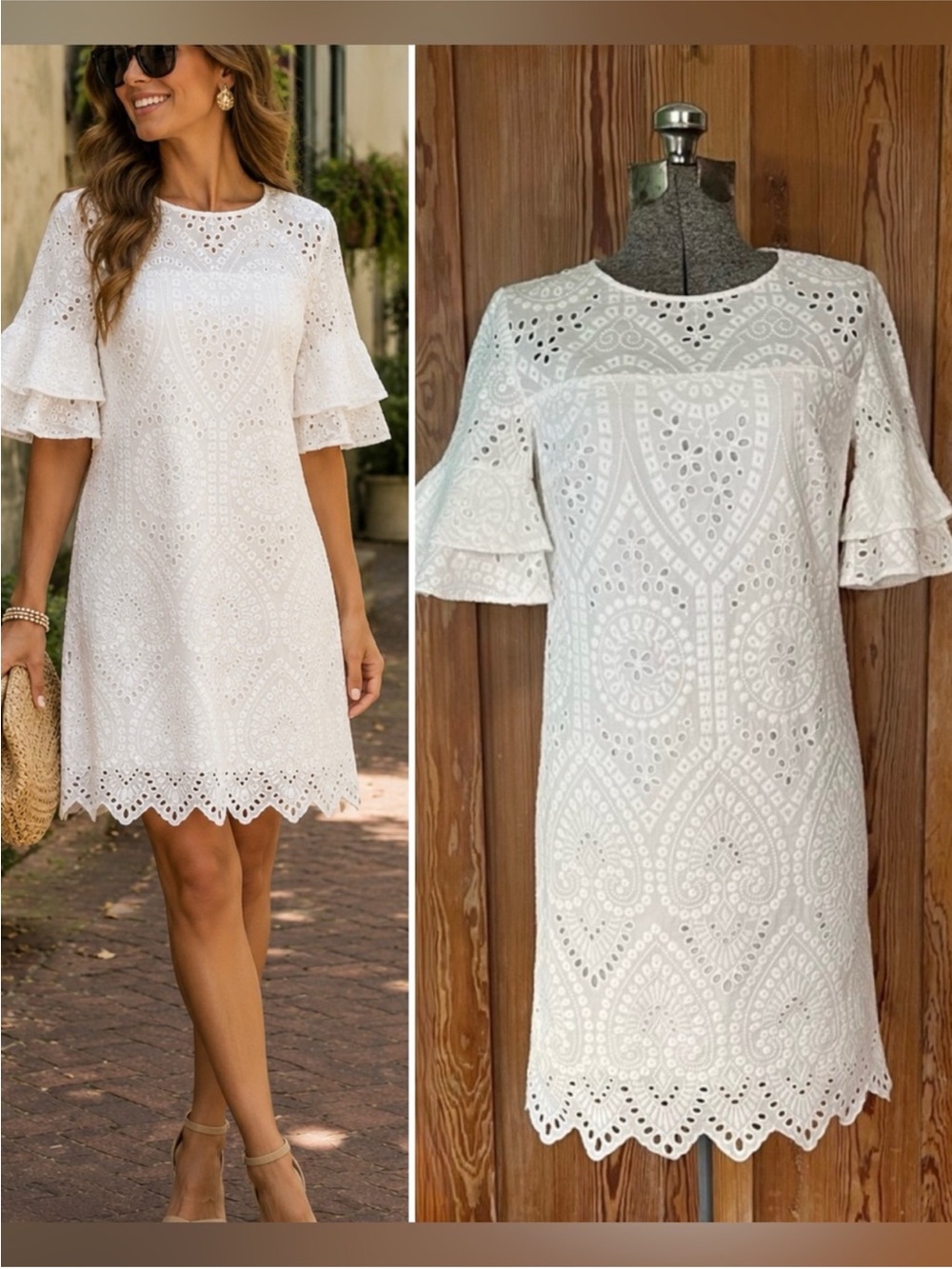 Trina Turk White Eyelet Lace Mini Dress with Ruffle Sleeves